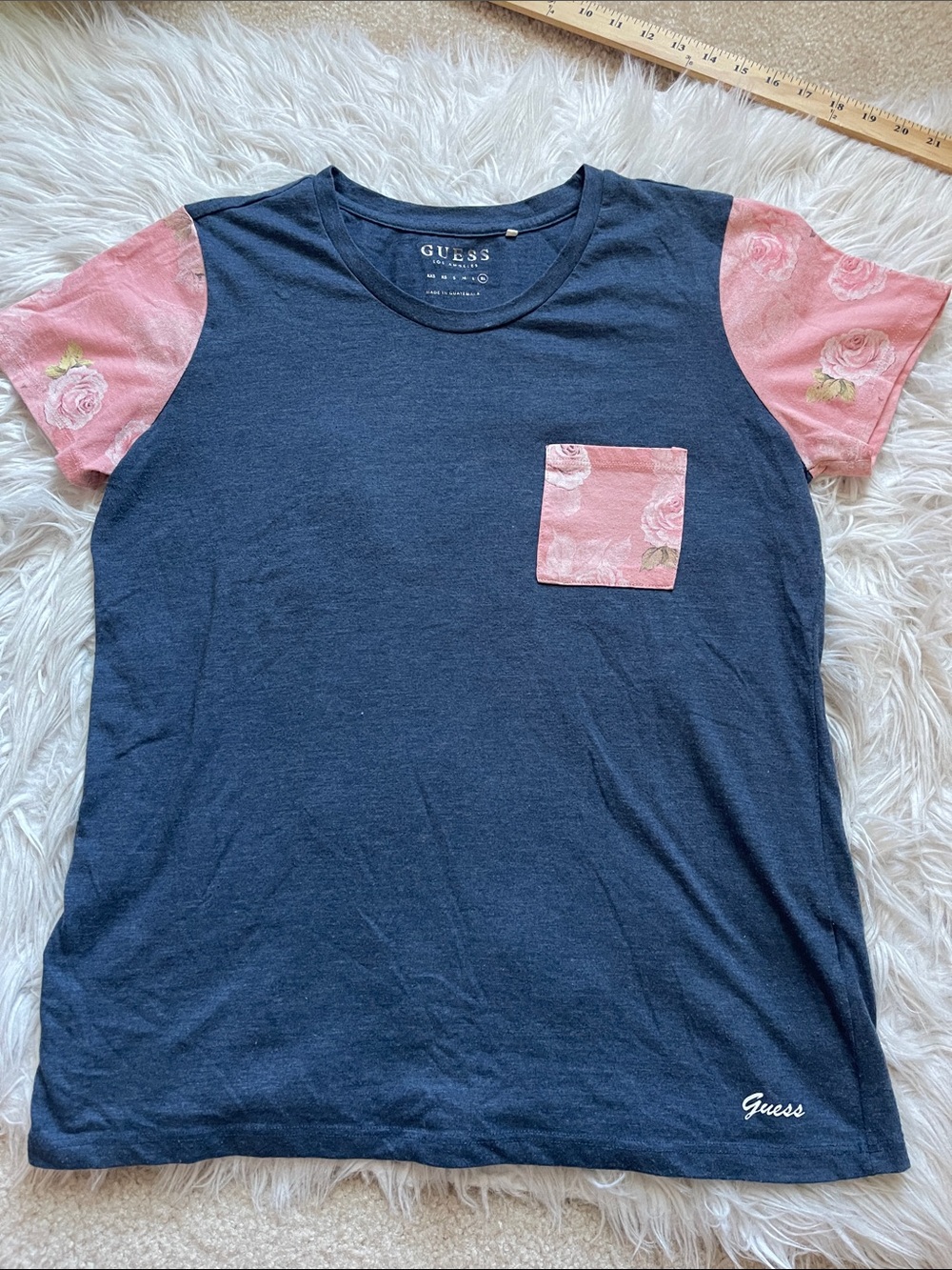 GUESS Navy Tee with Pink Floral Sleeves and Pocket Accent